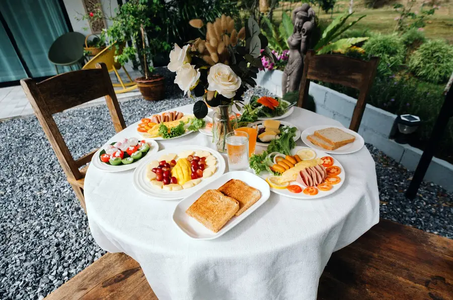 Breakfast table set in the garden