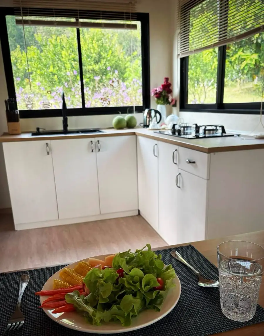 White kitchenette with garden views